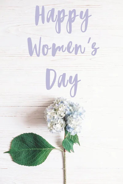 Happy Women Day Text Sign Beautiful Blue Hydrangea Flower Rustic — Stock Photo, Image