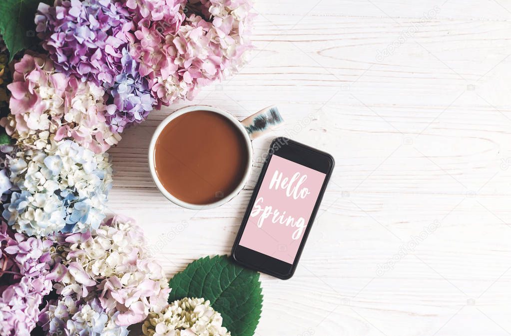 Hello Spring text sign on smartphone screen and beautiful hydrangea flowers and coffee cup on rustic white wooden table
