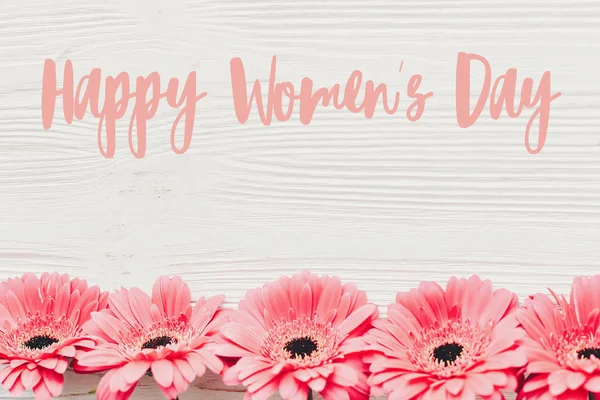 Happy Women Day Text Sign Pink Gerbera White Wooden Background — Stock Photo, Image