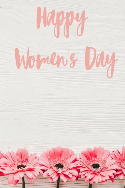 Happy Women Day Text Sign Pink Gerbera White Wooden Background — Stock Photo, Image