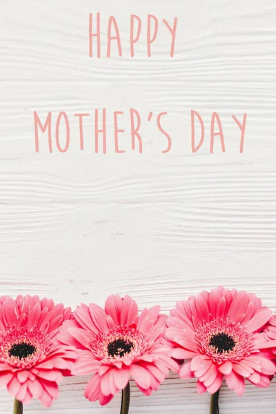 Happy Mother Day Text Sign Pink Gerbera White Wooden Background — Stock Photo, Image