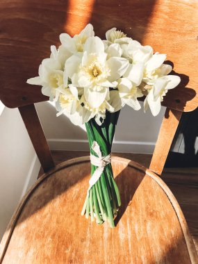 Şık nergis güneşli ışık rustik ahşap sandalye üzerinde. Taze sarı çiçekler Buket sandalyede, kırsal natürmort. Merhaba bahar. Mutlu anneler günü