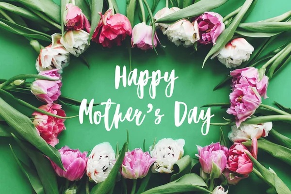 Happy Mother Day Tekst Teken Mooie Dubbele Peony Tulpen Frame — Stockfoto