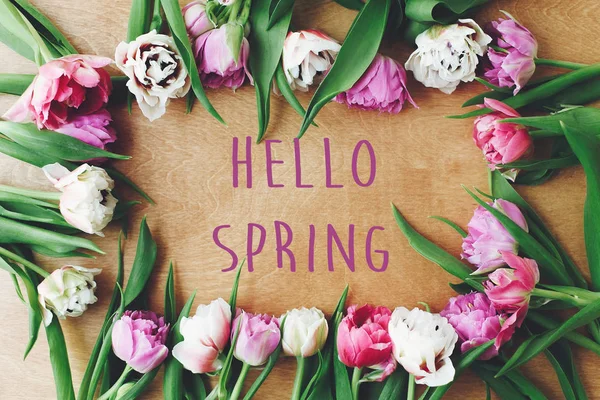 Hello Spring Text Sign Beautiful Double Peony Tulips Frame Flat — Stock Photo, Image