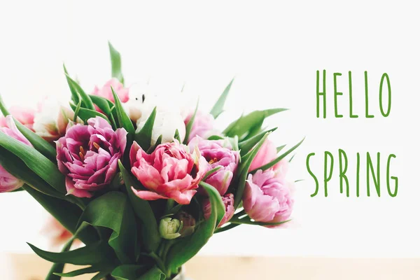 Hello Spring Text Sign Beautiful Double Peony Tulips Bouquet Light — Stock Photo, Image