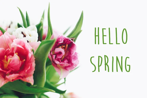 Hello Spring Text Sign Beautiful Double Peony Tulips Bouquet Light — Stock Photo, Image