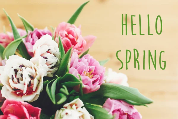 Hello Spring Text Sign Beautiful Double Peony Tulips Bouquet Vase — Stock Photo, Image
