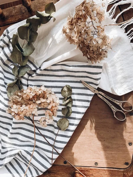 Hermosa hortensias secas, eucalipto, tijeras y tela de lino — Foto de Stock