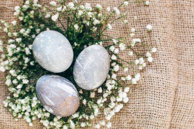 Rustik üzerinde çiçek yuvadaki bahar çiçekleri ile şık Paskalya yumurtaları