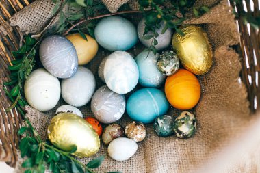 Paskalya AVI. Mutlu paskalyalar. Şık Paskalya yumurtaları ve yeşil Şimşir b