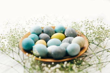 Mutlu paskalyalar. Ahşap bahar çiçekleri ile şık Paskalya yumurtaları 