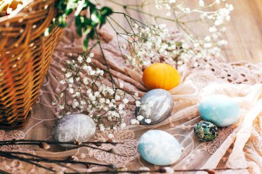 Bahar çiçekleri ve Söğüt dalları r ile şık Paskalya yumurtaları