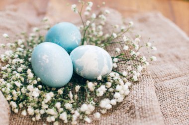 Mutlu Paskalyalar, tebrik kartı. Bahar flo ile şık Paskalya yumurtaları