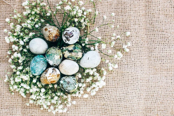 Stijlvolle paaseieren kwartel met Lentebloemen in floral nest op — Stockfoto