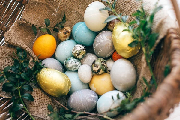 Caza de Pascua. Feliz Pascua. Elegantes huevos de Pascua y buxus verde b — Foto de Stock