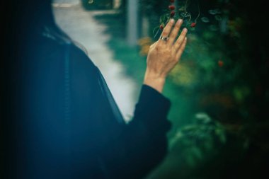 Park, atmosferik güneşli ışıkta yürüyen şık hipster kız