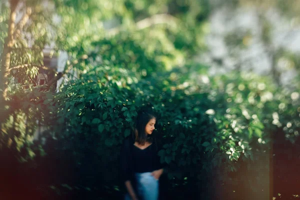 Yeşil yaprakları çalı, atmosferik mo poz Şık hipster kız — Stok fotoğraf