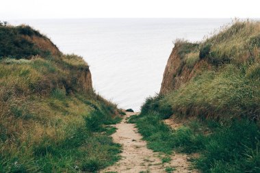 Sakin denize çim ve zemin yolu ile güzel kumlu uçurum. Olun