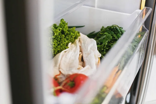 Zero waste grocery in fridge. Fresh vegetables in opened drawer — Stock Photo, Image