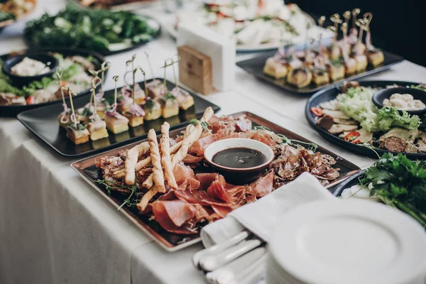 Smoked meat,sauce,prosciutto, salad appetizers on table at weddi — Stock Photo, Image