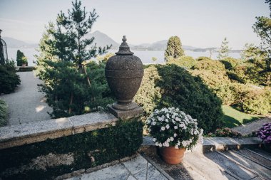 Taş simgeleri ve yeşil ağaçlar ve bitkilerin güzel görünümü 