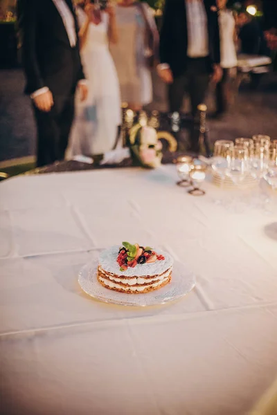 Hermoso pastel de boda simple con frutas y copas de champán — Foto de Stock