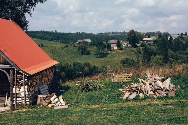 Вид на деревянную избушку с дровами, грудой пиломатериалов и гр. — стоковое фото