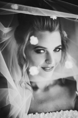 Şık gelin sıcak pencereyakınında yumuşak ışık peçe altında poz