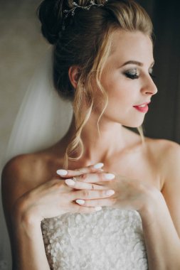 Yumuşak ışık nea poz inanılmaz makyaj ile şık mutlu gelin