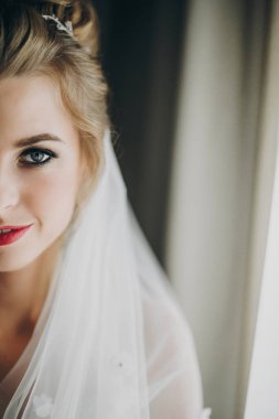 Yumuşak ışık nea poz inanılmaz makyaj ile şık mutlu gelin
