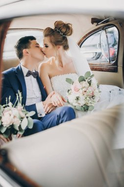 Şık mutlu gelin ve damat alyans ile elleri gösteren, 