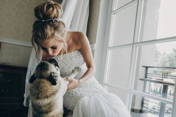 Stylish bride kissing  pug dog in bow tie in soft light near win — Stock Photo, Image