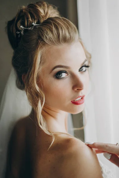 Noiva feliz elegante com maquiagem incrível posando em luz suave nea — Fotografia de Stock