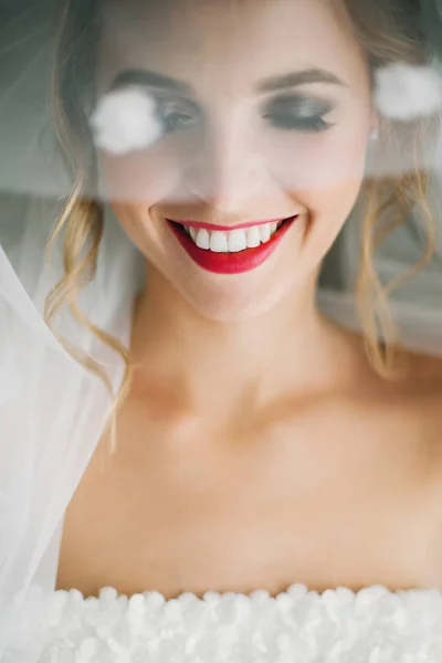 Snygg lycklig brud poserar under slöja och leende i mjukt ljus — Stockfoto
