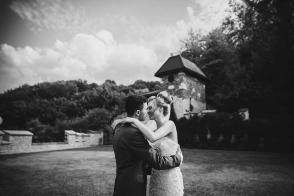 Eleganti sposi che si abbracciano delicatamente durante il matrimonio vicino al matrimonio — Foto Stock