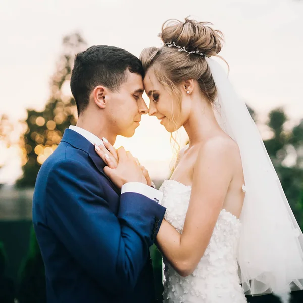 Стильные счастливые невеста и жених позируют в теплом свете заката на свадьбе — стоковое фото