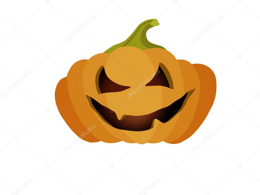 Halloween pumpkin with scary face, hand drawn illustration. Jack o lantern pumpkin isolated on white, scary glowing face on squash. Happy halloween icon