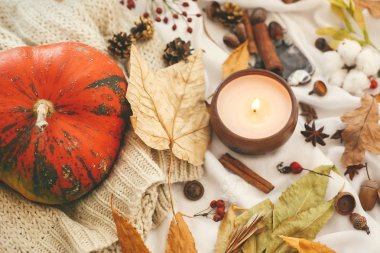 Hygge yaşam tarzı, sonbahar havası. Kabak ve çilek ile mum, f