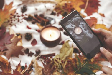 Sonbahar hygge düz yatıyordu. El telefonu tutma ve ca fotoğraf çekme