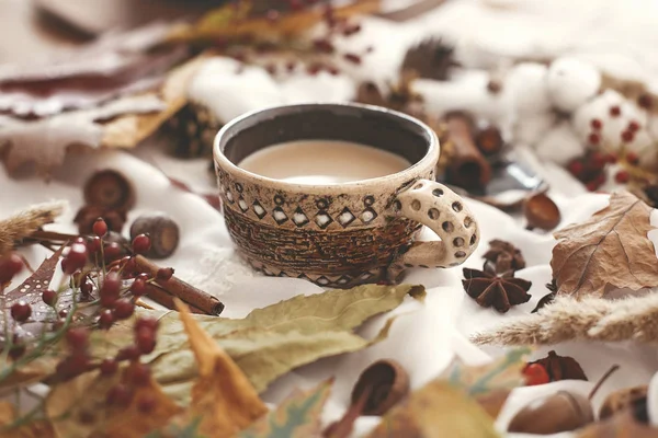 Sonbahar yaprakları, çilek, anason, otlar, meşe palamudu, fındık ile kahve fincanı 