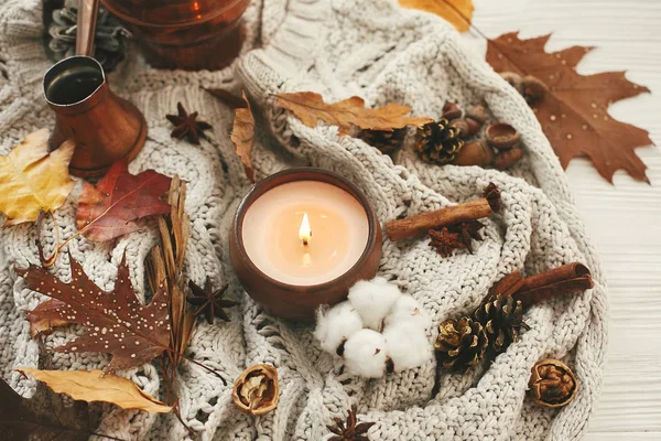 Hygge-Lifestyle. Kerze mit Beeren, Herbstblättern, Anis, Kräutern, — Stockfoto