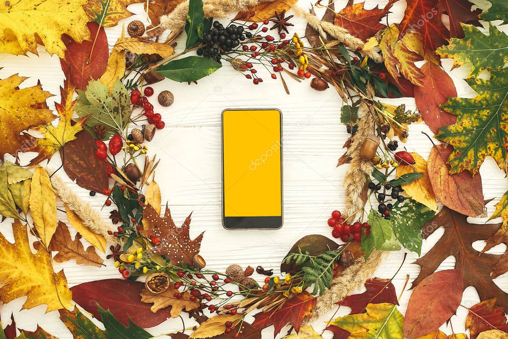 Phone with empty yellow screen in autumn wreath of fall leaves, 