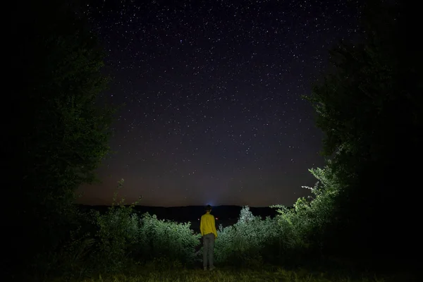 Дивовижне зоряне нічне небо з Чумацьким шляхом і людина дивиться на вул — стокове фото