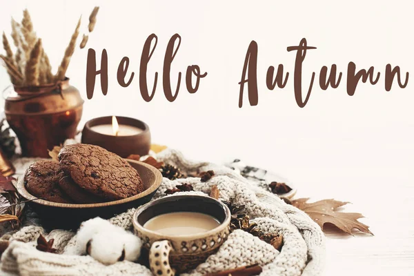Hola texto de otoño, señal de saludo de otoño en la taza de café, chocolate c —  Fotos de Stock
