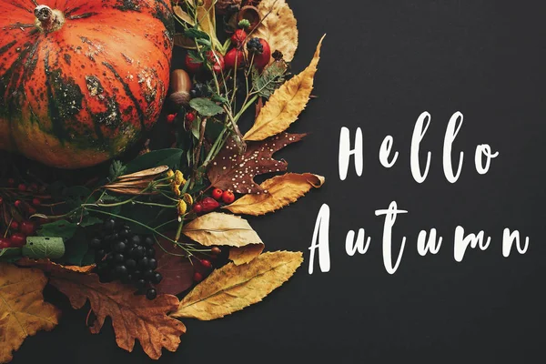 Hello Autumn text, fall greeting sign on pumpkin in autumn wreat — Stock Photo, Image