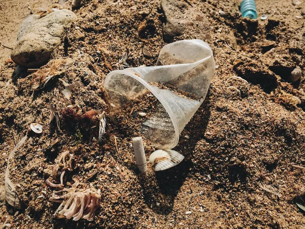 Single use plastic cup and cigarette butt in sand, marine trash — Stock Photo, Image