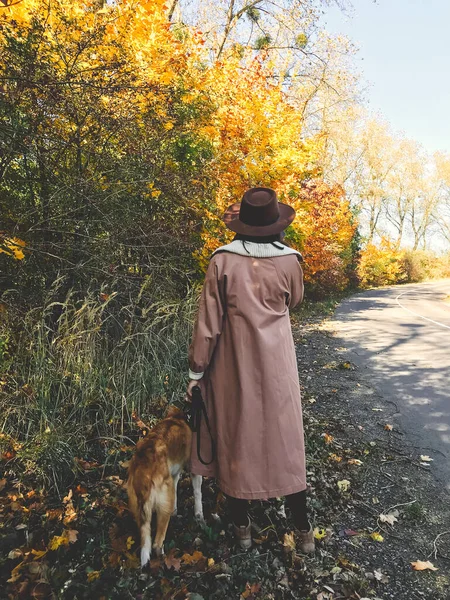 Hipster-Mädchen in Hut und Mantel geht mit ihrem goldenen Hund auf Autopilot — Stockfoto