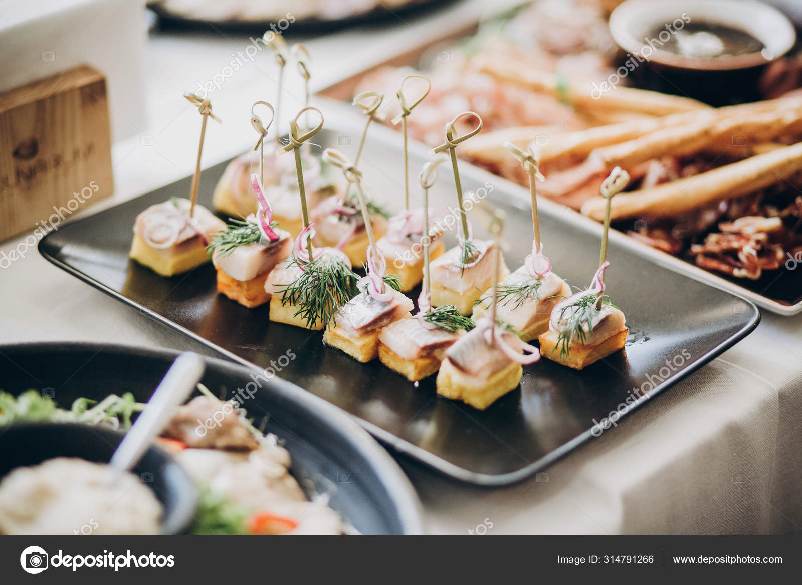 Delicious Food Table At Wedding Reception Fish Finger Appetizer