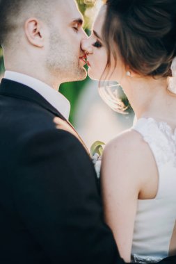 Damat gün batımında güzel gelini nazikçe öpüyor. O portreler