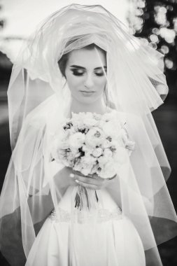 Duvak altında güzel gelinin şehvetli yaratıcı portresi 